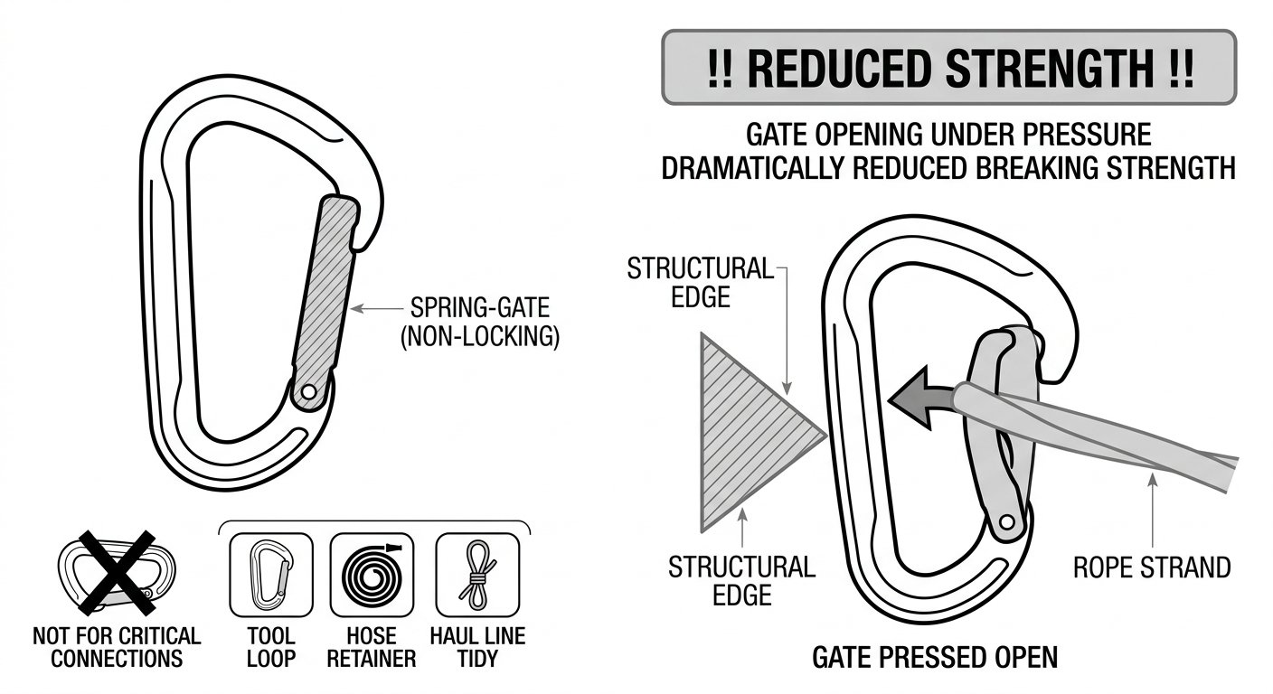Line diagram of a non-locking spring-gate connector being pushed open by a rope and an edge, marked as unsuitable for critical connections