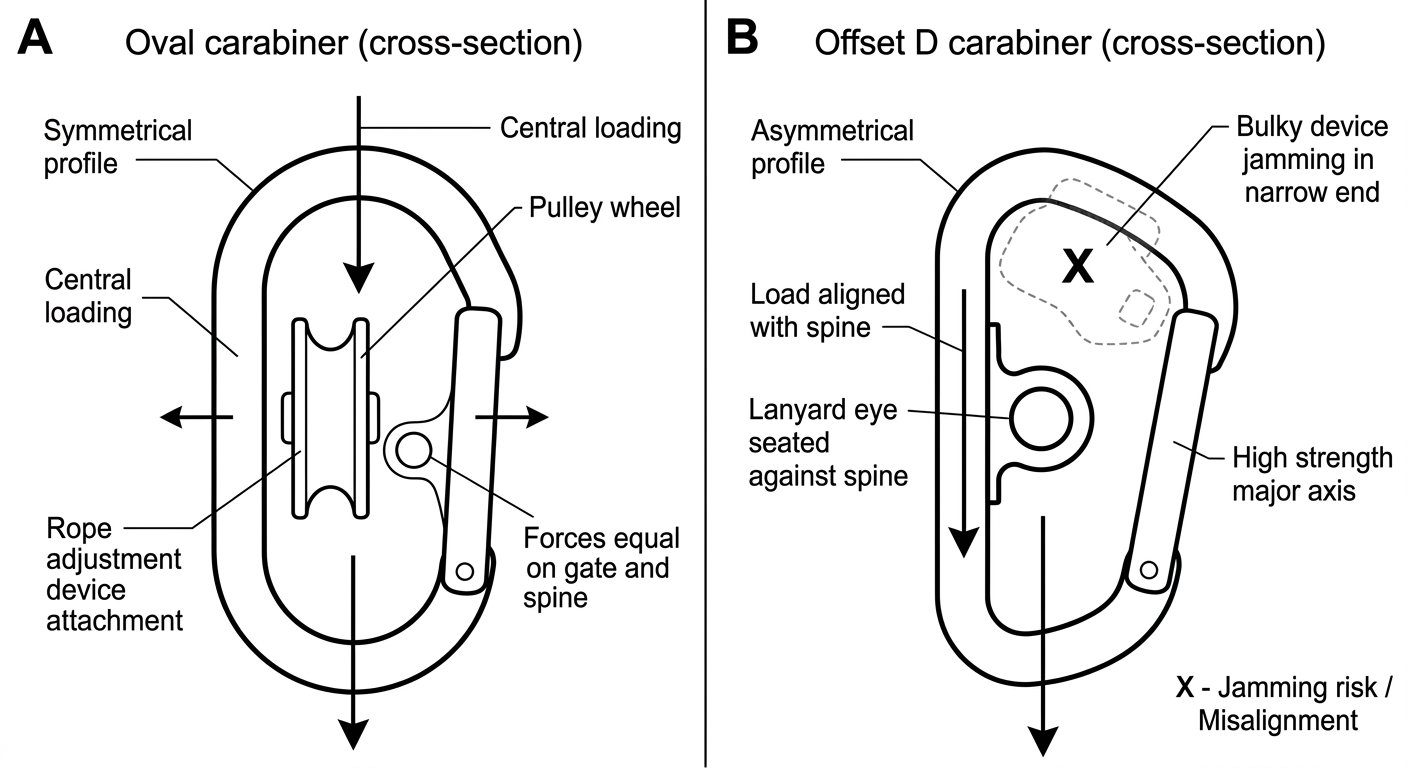 Two-panel diagram showing an oval connector keeping a pulley and rope device centred, versus an offset D loading a single lanyard eye on the spine
