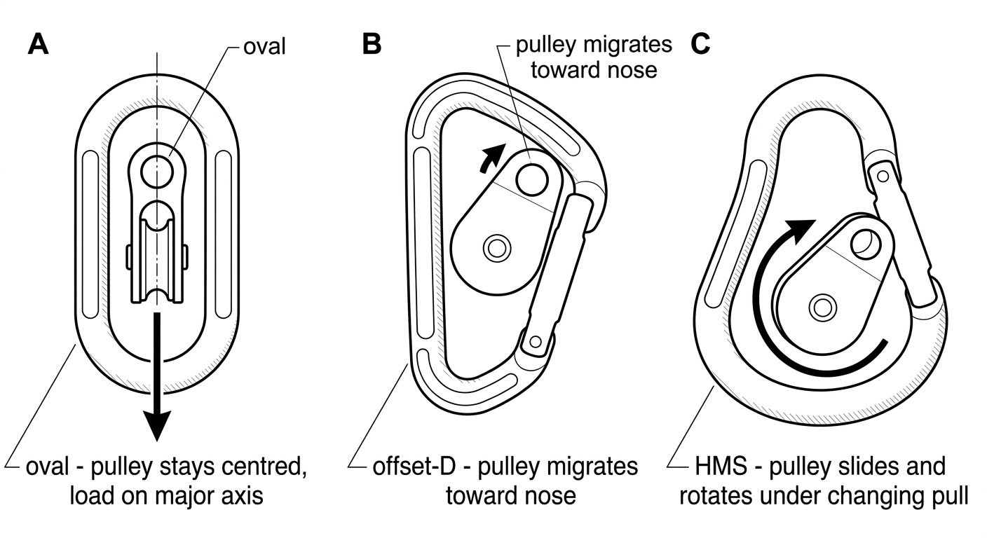 Diagram comparing oval, offset-D and pear-shaped connectors in a pulley attachment hole, showing how each shape positions the pulley