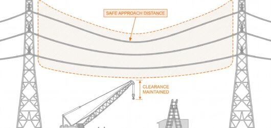 Elevation diagram of two transmission pylons carrying overhead conductors, with a hatched exclusion envelope drawn around the cables labelled safe app