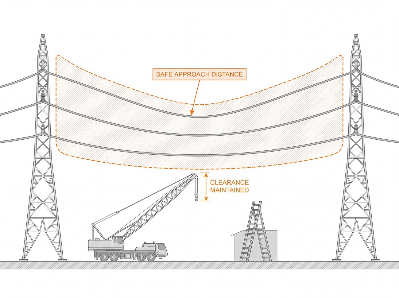 Elevation diagram of two transmission pylons carrying overhead conductors, with a hatched exclusion envelope drawn around the cables labelled safe approach distance. A mobile crane boom and an extension ladder are both positioned well outside the envelope, with a dimension arrow showing the clearance maintained below it.