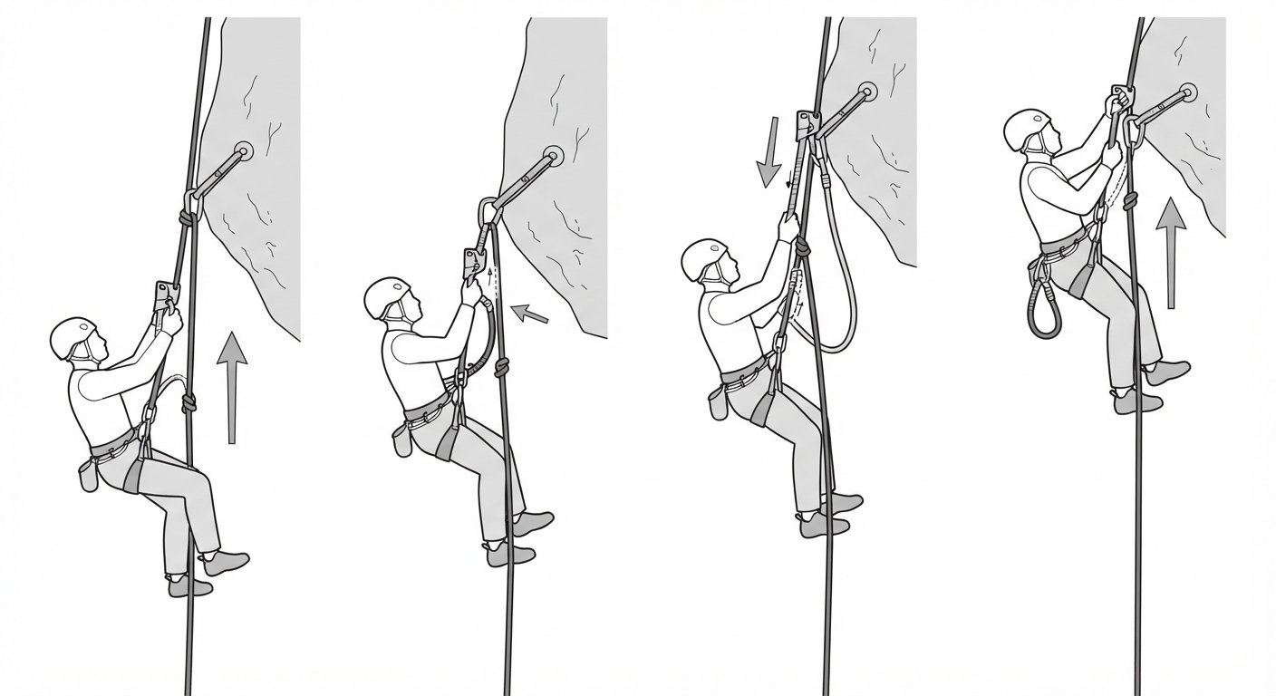 Passing a re-belay on ascent
