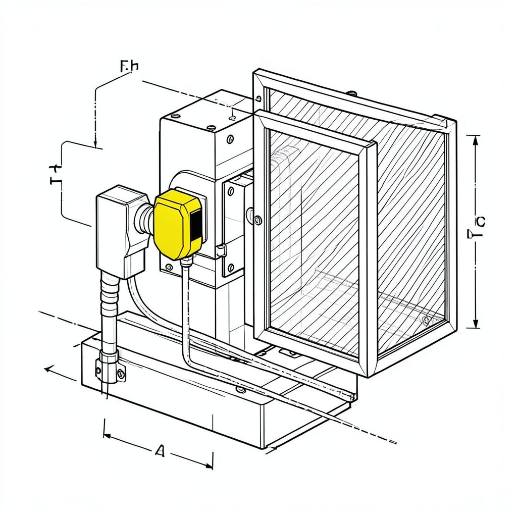 Close-up of an interlocked movable machine guard with a tongue-actuated safety switch engaged, illustrating equipment selection under EN ISO 14119 and the Performance Level required by EN ISO 13849-1.