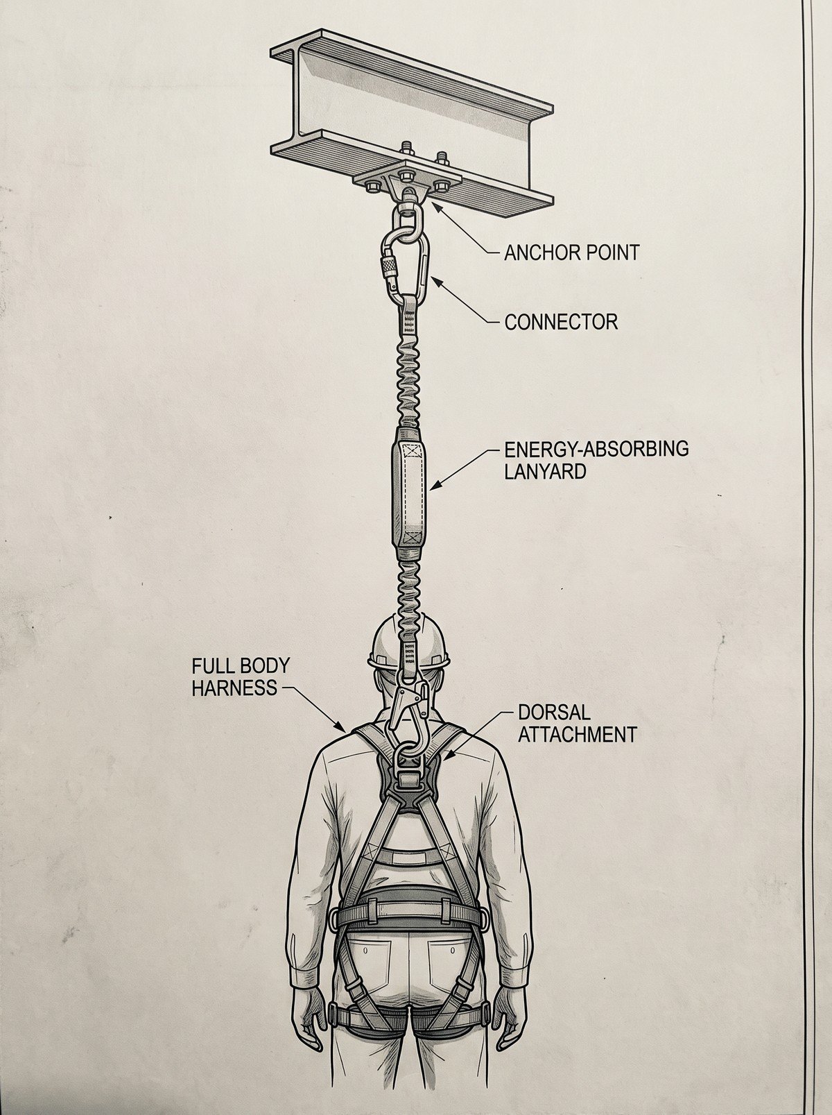 Schematic of a complete EN 363 fall arrest system showing an EN 795 anchor, EN 362 connector, EN 355 energy absorbing lanyard and EN 361 harness dorsal attachment, with the fall clearance broken into its component distances above a concrete floor.