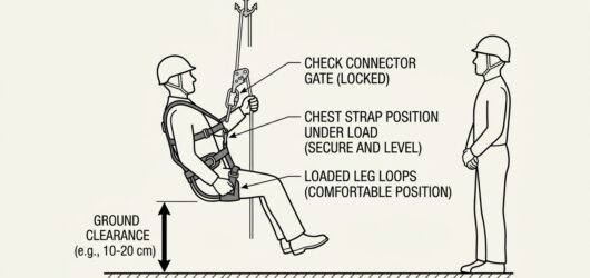 Diagram of a worker performing a pre-use hang check by briefly weighting the harness at low height above the floor while a colleague observes