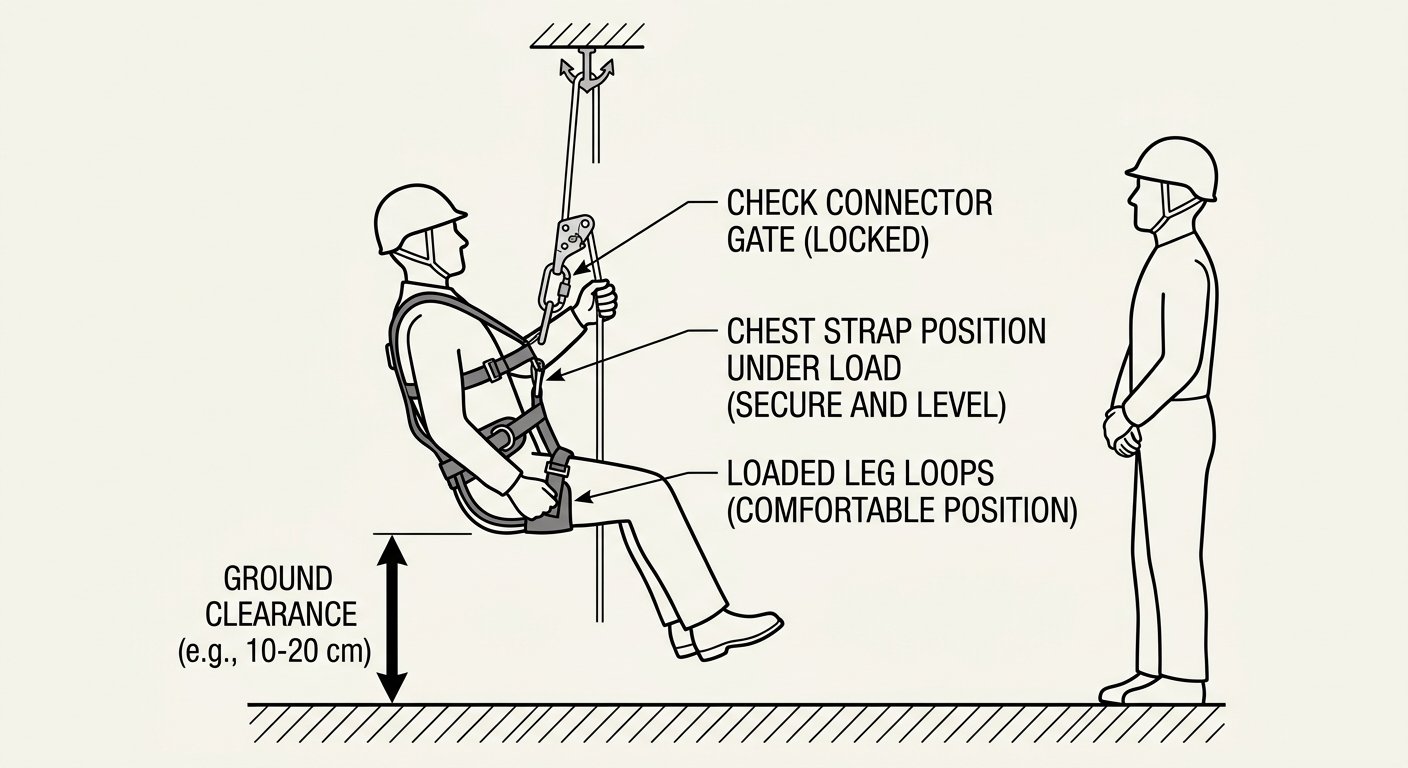 Diagram of a worker performing a pre-use hang check by briefly weighting the harness at low height above the floor while a colleague observes