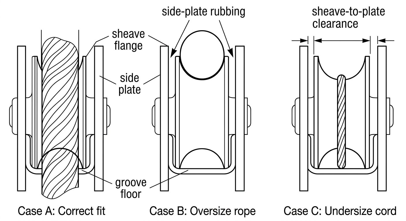 Cross-section diagram comparing correct, oversize and undersize rope diameter seated in a pulley sheave groove, with sheave-to-side-plate clearance marked