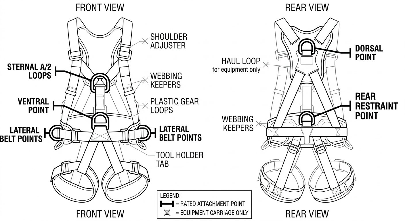 Front and rear harness diagram distinguishing rated attachment points from unrated gear loops, tool holders and haul loops