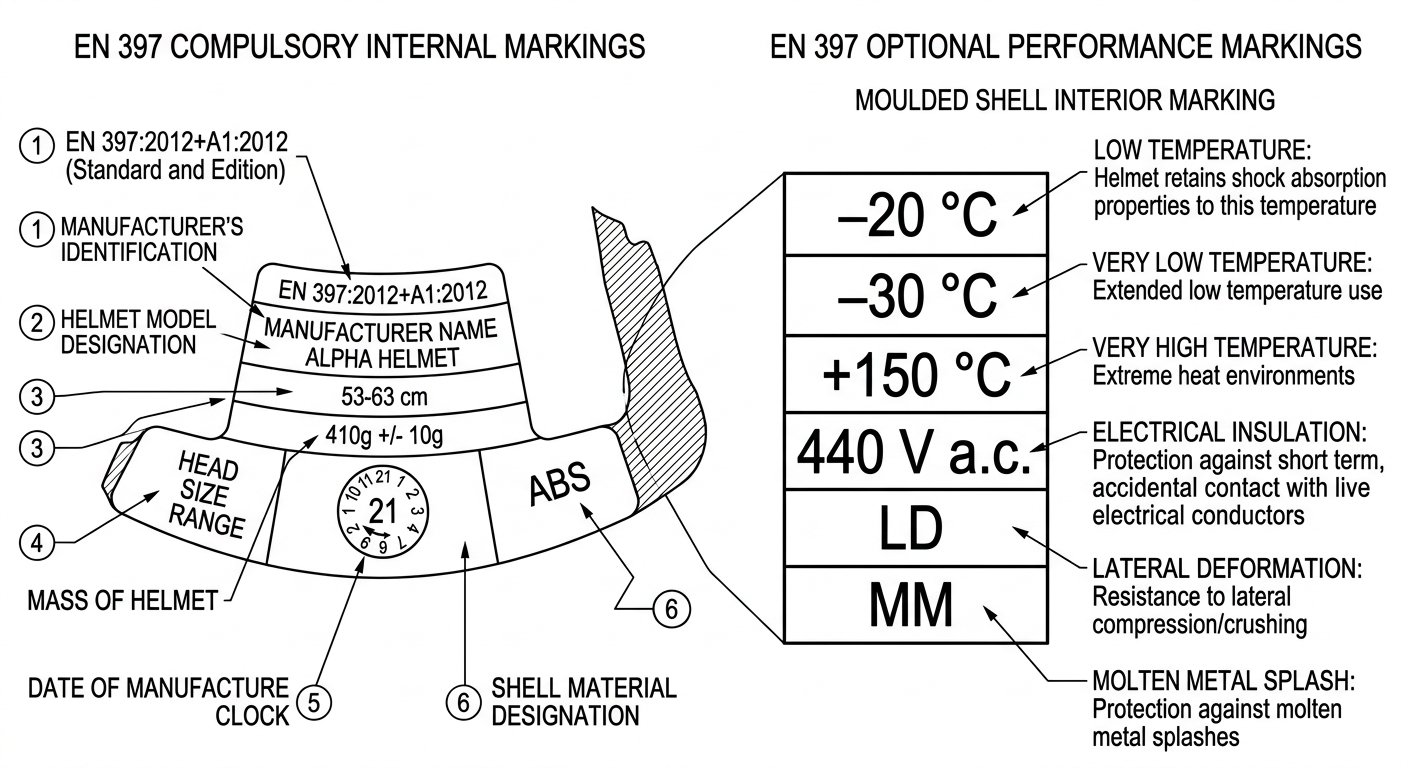 Annotated helmet label showing standard number, size range, mass, date of manufacture and optional EN 397 performance codes such as LD, MM and 440 V a.c.