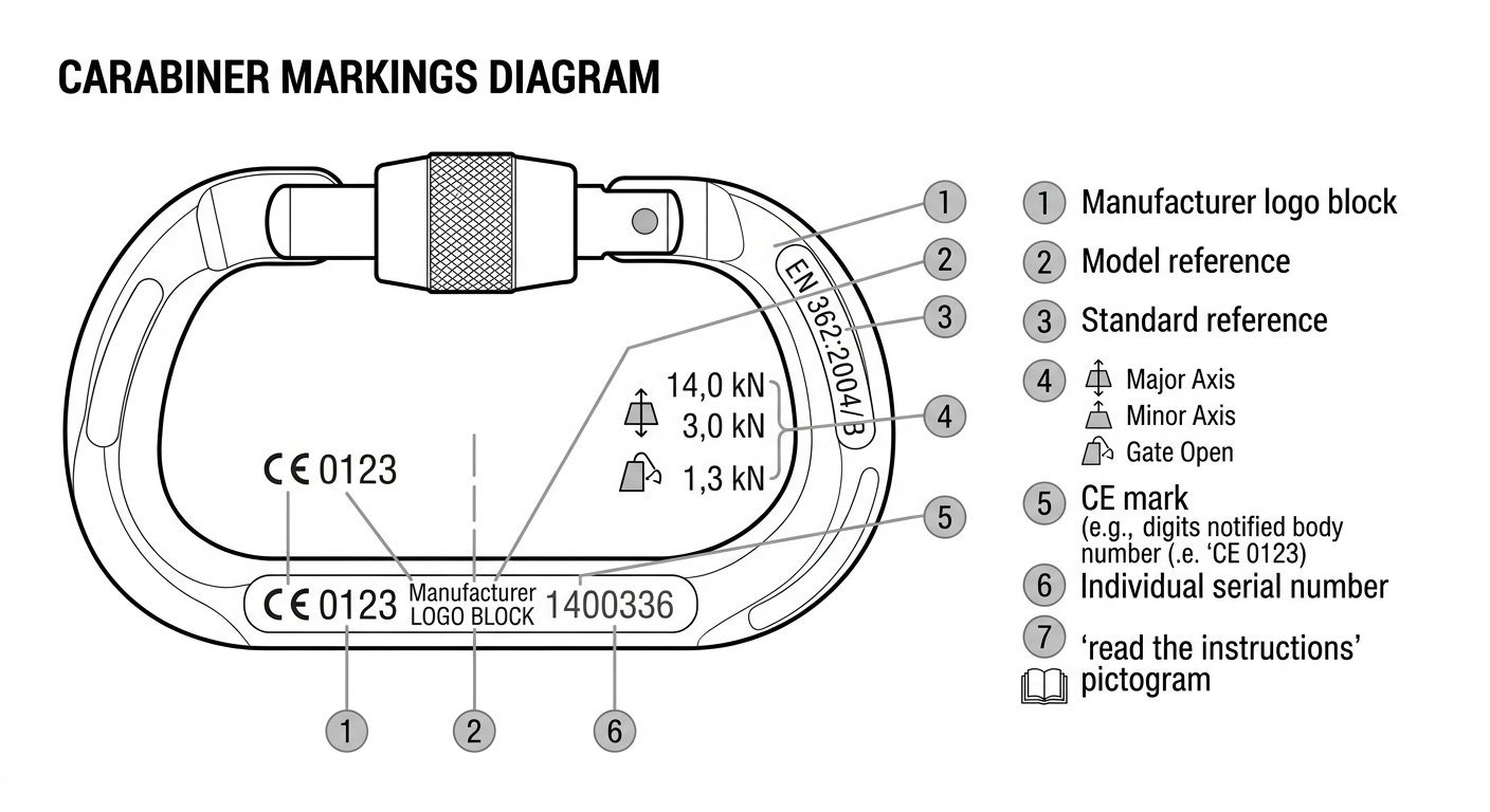 Diagram of a locking carabiner spine with callouts identifying manufacturer, model, EN 362 standard and class letter, kN strength figures, CE mark and notified body number, serial number and read-the-instructions pictogram.