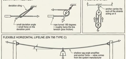 Diagram of three load-multiplying anchor cases: rope deviation versus 180-degree redirect, a hauling system anchor, and end-anchor forces on a sagging