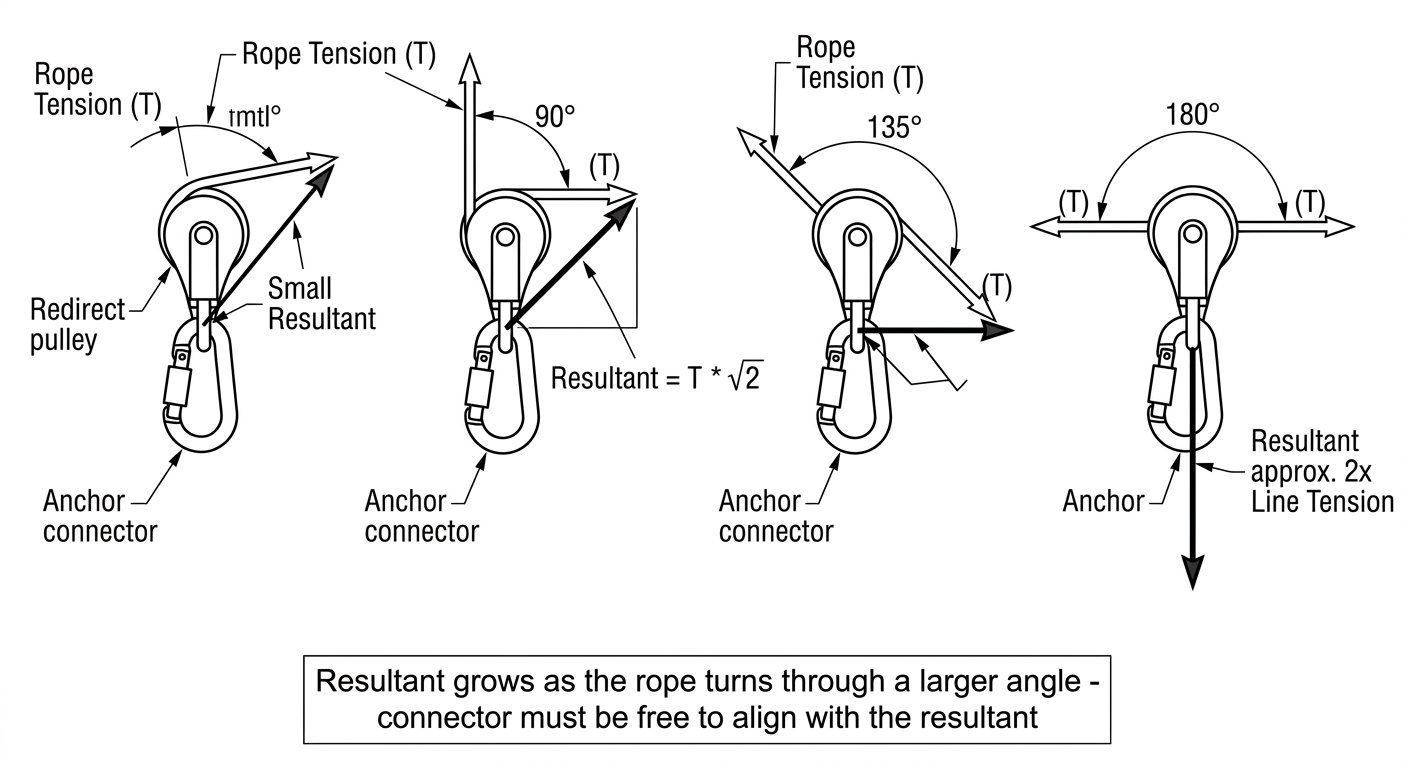 Vector diagram showing how the resultant force on a redirect pulley connector increases with the rope's angle of direction change