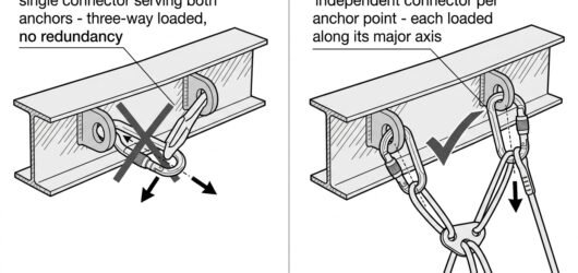 Diagram showing one connector clipped into two anchor eyes as an incorrect shared link versus two independent connectors, one per anchor point.