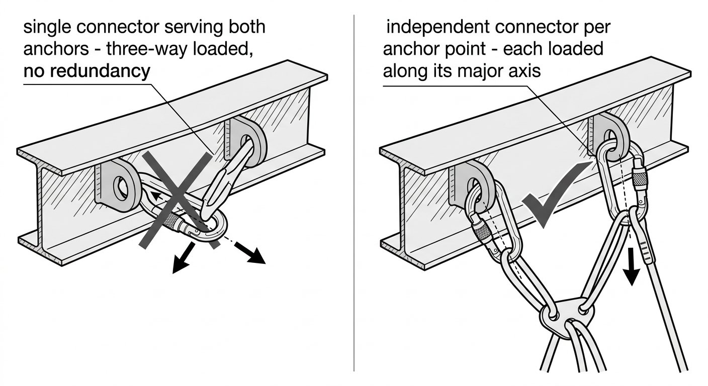 Diagram showing one connector clipped into two anchor eyes as an incorrect shared link versus two independent connectors, one per anchor point.