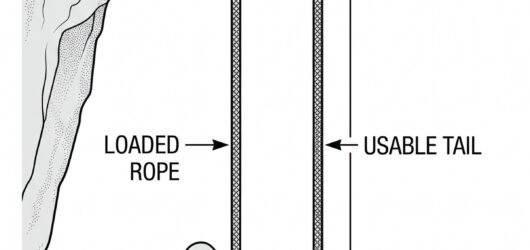 Elevation diagram showing that the distance a load can be lowered from a releasable anchor equals the usable rope tail on the free side of the descend