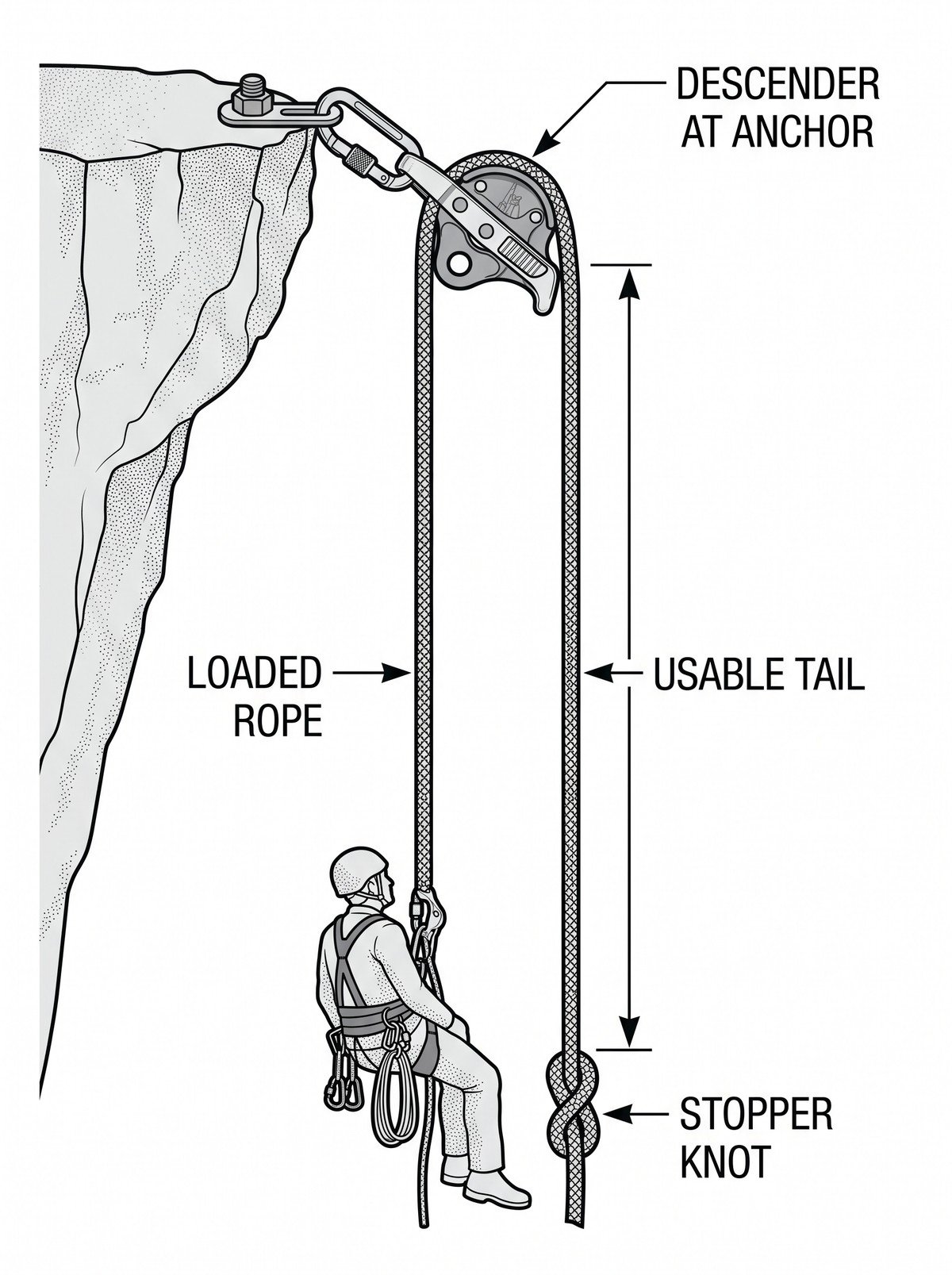 Elevation diagram showing that the distance a load can be lowered from a releasable anchor equals the usable rope tail on the free side of the descender, minus the stopper knot and reserve.