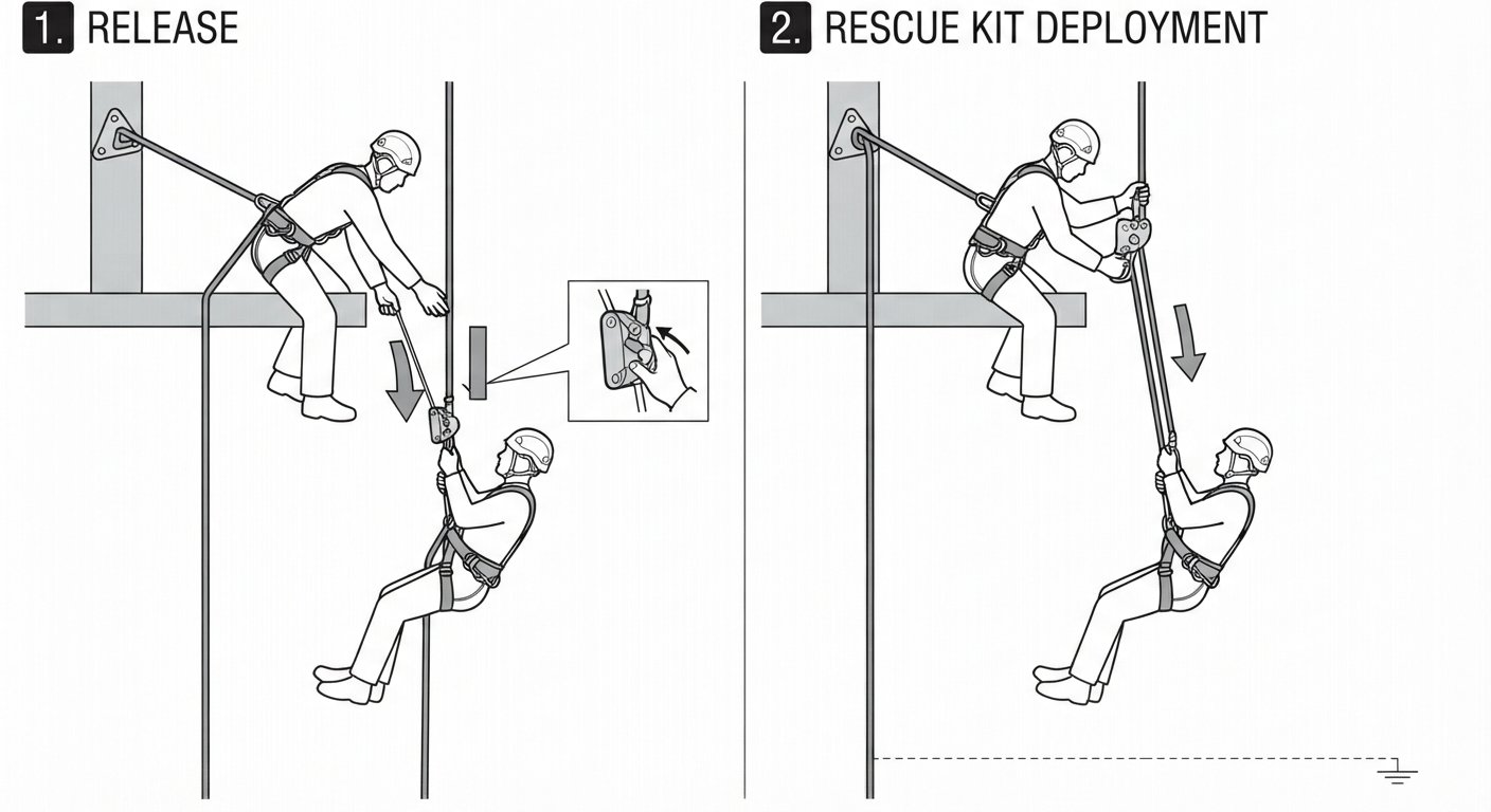 Release and rescue of a co-worker using a rescue kit