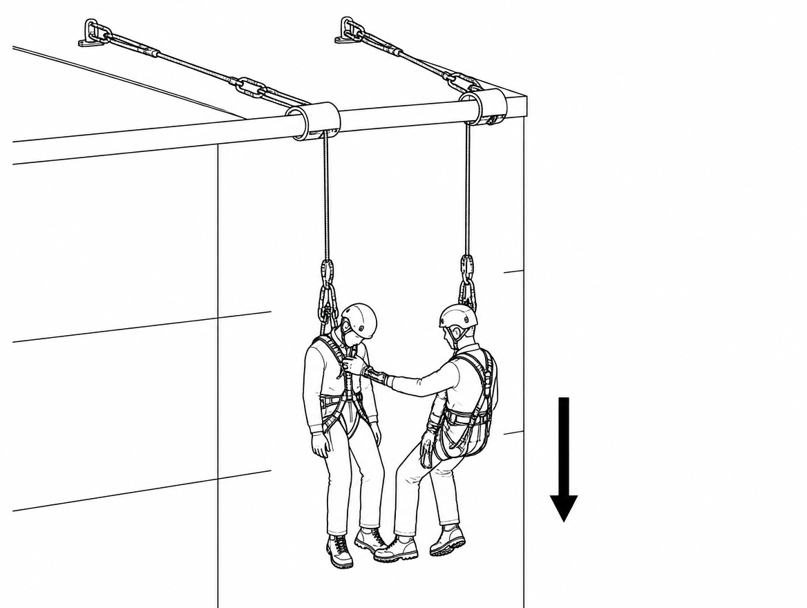 Rescuer descending on a separate rope and anchor to reach a suspended casualty, ready to lower both.
