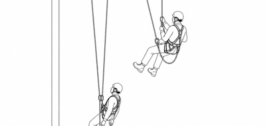 Correct: the rescuer descends on an anchor and rope independent of the casualty's, with a separate back-up line and edge protection.