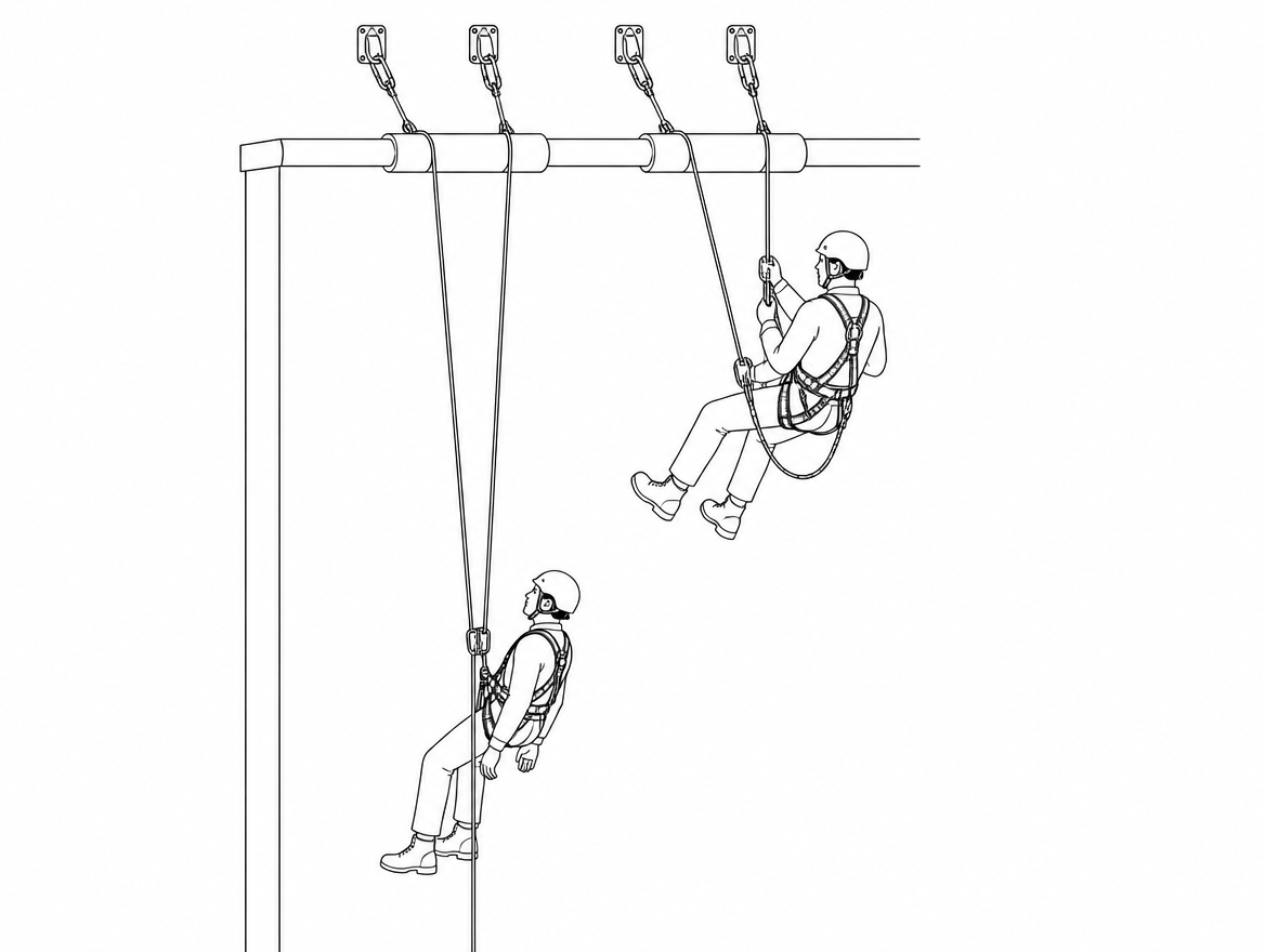 Correct: the rescuer descends on an anchor and rope independent of the casualty's, with a separate back-up line and edge protection.