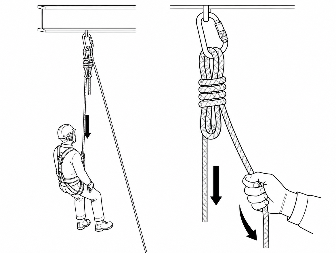 Rigged before work starts: a tie-off that can be released under load removes the need to lift the casualty at all.
