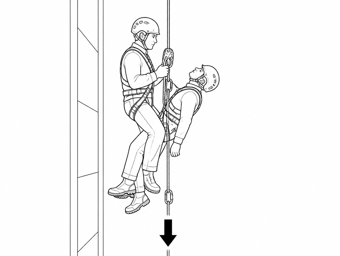 Two-person load on one descender: keep the connection short, add friction rather than grip, and keep the airway accessible all the way down.