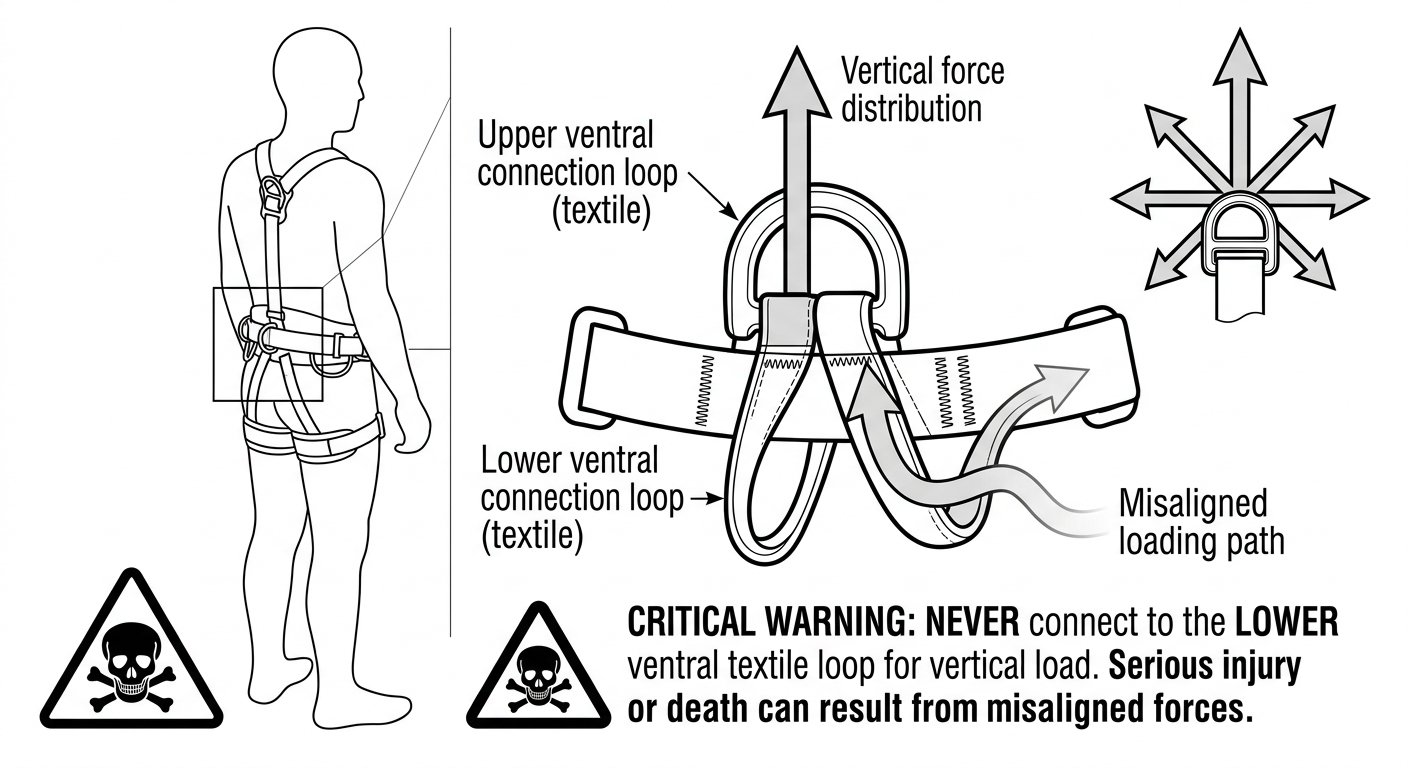 Line diagram identifying rear and lateral belt points, sternal, dorsal and ventral harness points that can be used for a restraint tether