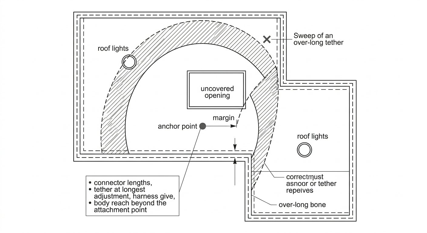 Plan-view diagram of a flat roof showing the restraint arc from a single anchor kept short of edges, openings and roof lights, versus an over-long arc
