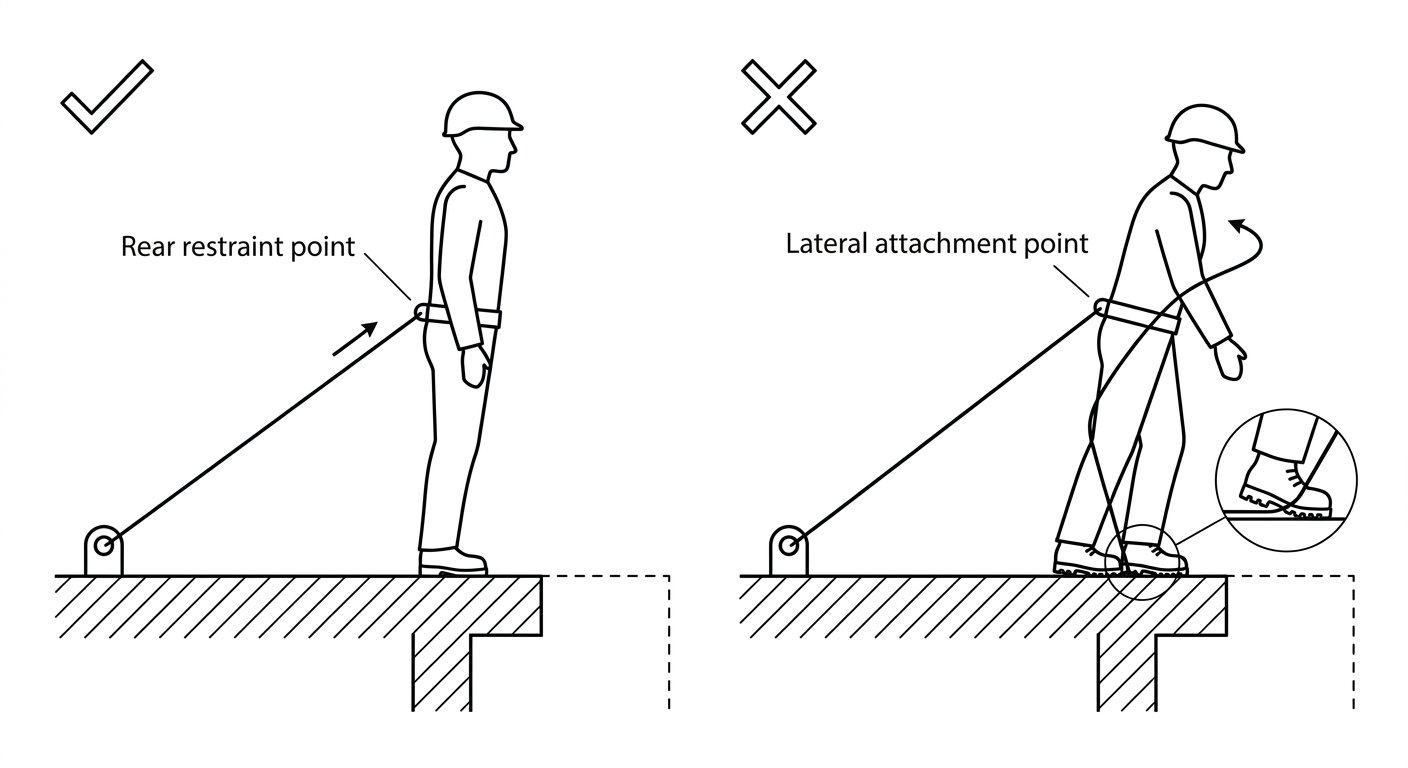Comparison diagram of a restraint tether routed from the rear belt point versus a lateral point, showing the lateral tether snagging under the boot