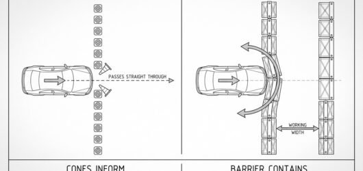 Two panels showing a vehicle striking a line of cones and passing straight through, beside a vehicle striking a barrier which deflects and redirects i