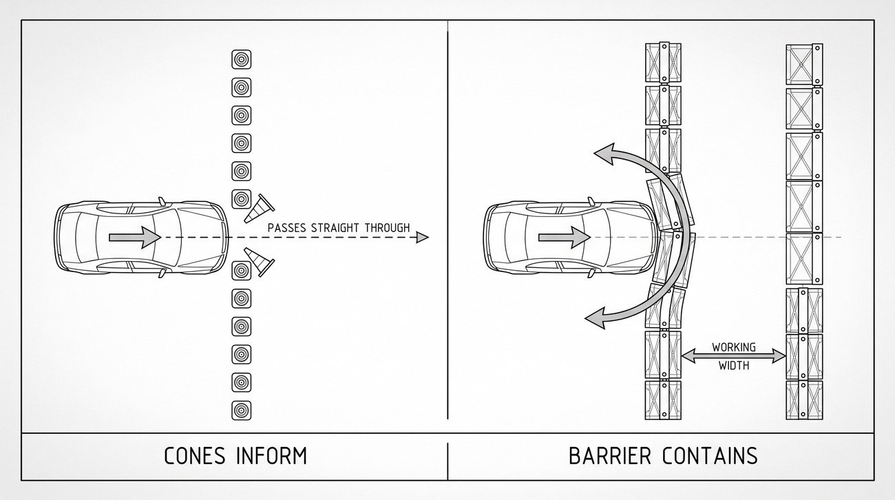 Two panels showing a vehicle striking a line of cones and passing straight through, beside a vehicle striking a barrier which deflects and redirects it, with the working width marked behind the barrier.