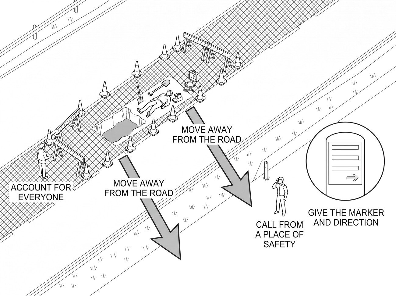 A roadside incident with arrows showing the crew moving away from the carriageway behind a barrier, a figure at a distance upstream making a call, and a dashed line marking the location reference on a marker post.