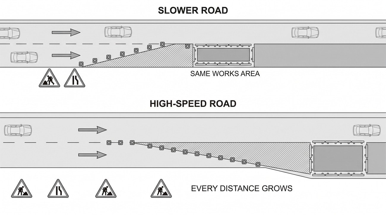 Two plan views of the same lane closure drawn to the same scale, one on a slow road with short advance signing and taper, one on a high-speed road with much longer advance signing, taper and safety zone.