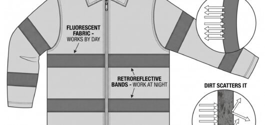 A high-visibility coat shown flat with the fluorescent panels and the retroreflective bands distinguished, beside two detail circles showing clean tap