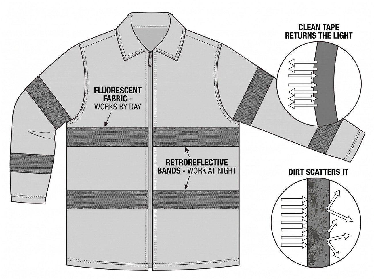 A high-visibility coat shown flat with the fluorescent panels and the retroreflective bands distinguished, beside two detail circles showing clean tape returning light and dirt-covered tape scattering it.