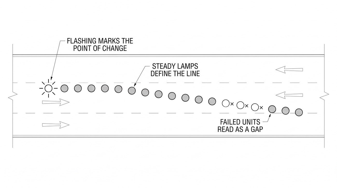 A plan view of a taper at night with steady lamps drawn as small filled circles along the closure line and a flashing lamp drawn with radiating strokes at the start of the taper.