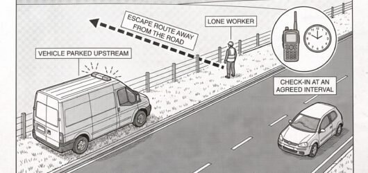 A lone worker at a roadside verge with a vehicle parked upstream as a buffer, a dashed escape route running away from the carriageway, and a small ins