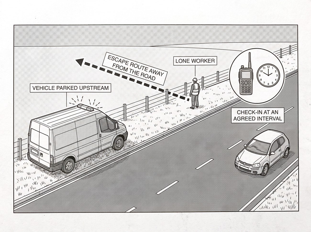 A lone worker at a roadside verge with a vehicle parked upstream as a buffer, a dashed escape route running away from the carriageway, and a small inset showing a check-in timer face.