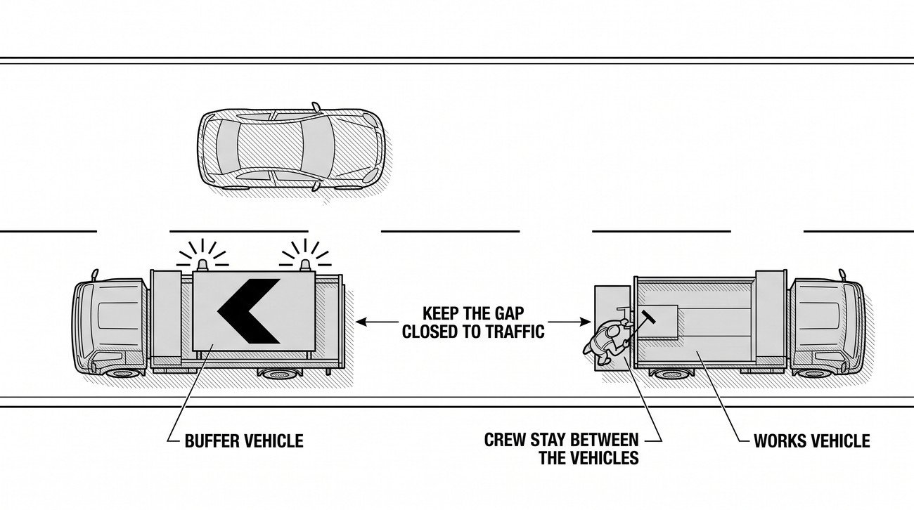 A works vehicle with a directional arrow board and beacons travelling along a lane with a second buffer vehicle upstream of it, and a dashed clear distance marked between the two.
