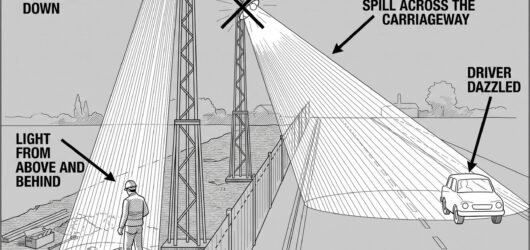 A section through a night works showing a floodlight on a mast aimed down into the works area with a shielded cut-off, beside a second mast aimed acro