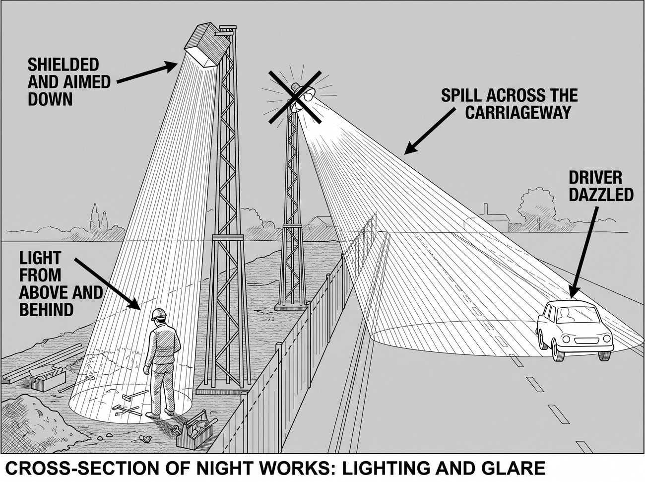 A section through a night works showing a floodlight on a mast aimed down into the works area with a shielded cut-off, beside a second mast aimed across the carriageway with light reaching a driver's eyes and crossed out.