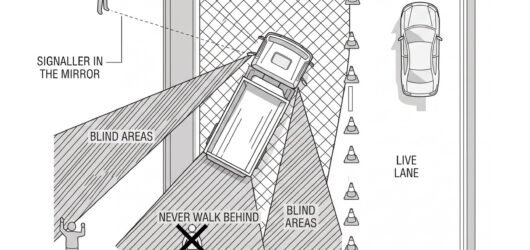 A plan view of a works vehicle reversing inside a closure with shaded blind areas behind and along the offside, a signaller standing outside them in t