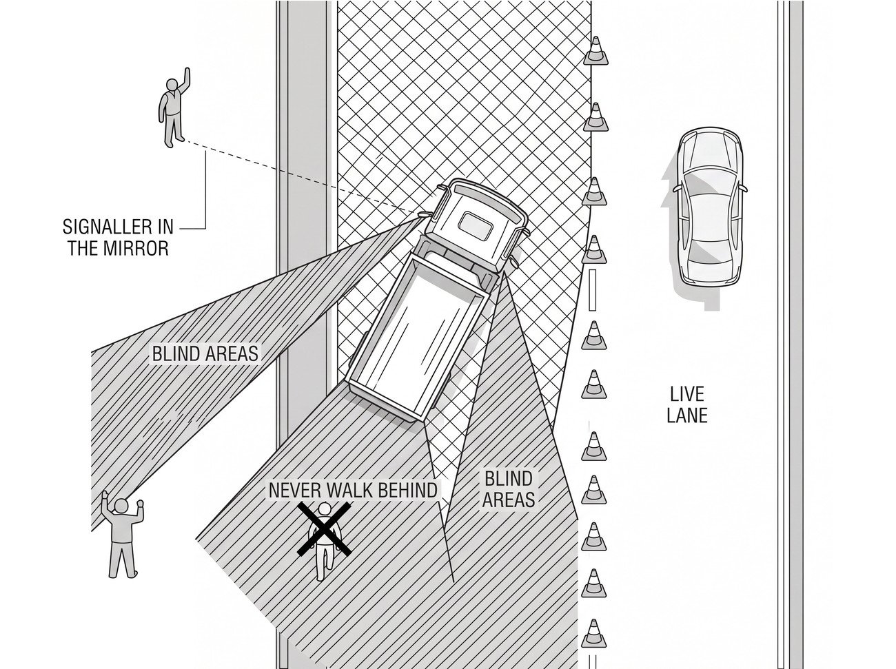 A plan view of a works vehicle reversing inside a closure with shaded blind areas behind and along the offside, a signaller standing outside them in the mirror view, and a live traffic lane alongside separated by cones.
