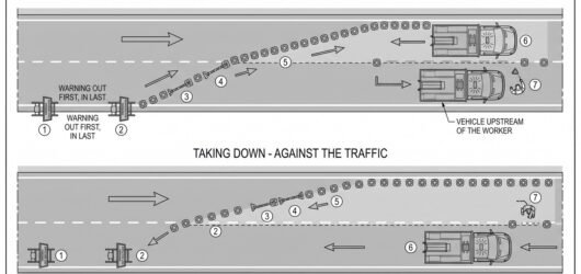 A plan view showing a works vehicle placing cones with a numbered sequence running in the direction of traffic for setting out, and a second sequence 