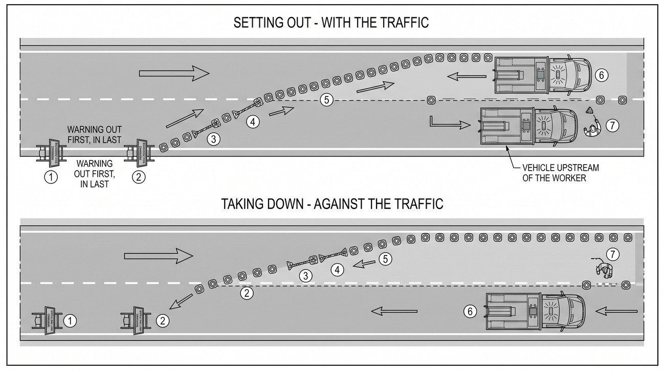 A plan view showing a works vehicle placing cones with a numbered sequence running in the direction of traffic for setting out, and a second sequence running the opposite way for removal.