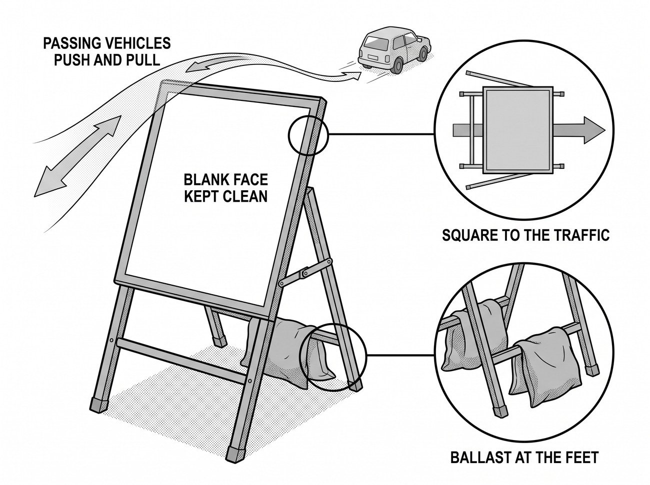 A temporary sign on a frame at the roadside seen from a driver approaching, with a detail of the sign turned square to the traffic and a second detail of ballast bags at the frame feet.