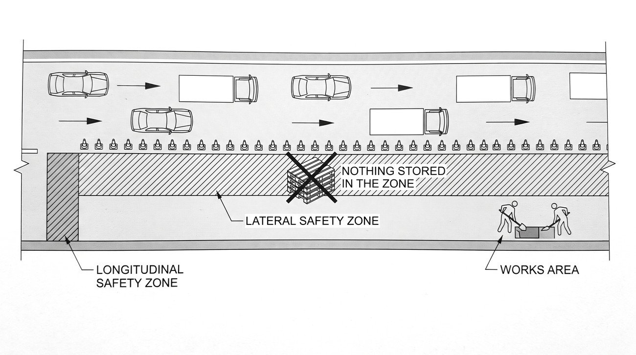 A plan view of a lane closure with the lateral safety zone hatched alongside the works and the longitudinal safety zone hatched at the upstream end, with a stack of materials shown intruding into the zone and crossed out.