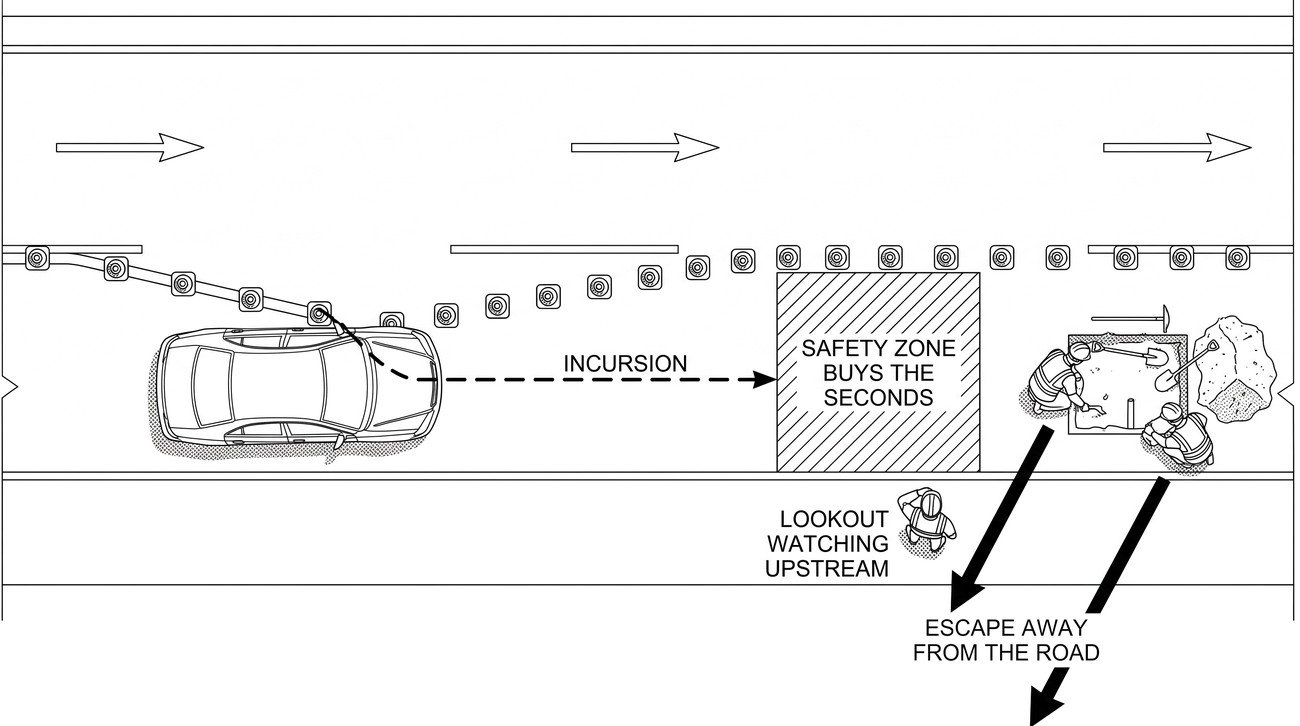 A plan view of a closure with a vehicle crossing the taper into the closed lane, the safety zone hatched ahead of the works, arrows showing crew escape routes running away from the carriageway, and a lookout figure facing upstream.