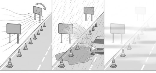 Three panels showing the same roadside layout in wind with a sign turning, in heavy rain with spray from a passing vehicle, and in fog with the advanc