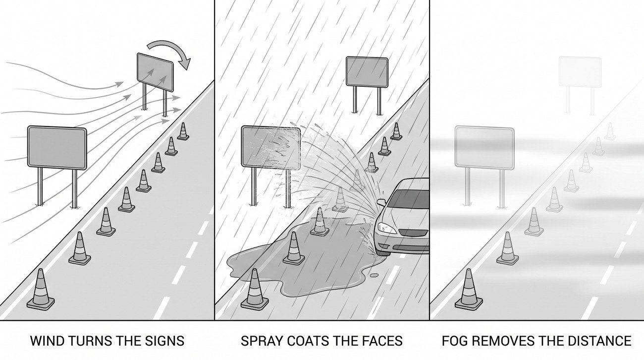 Three panels showing the same roadside layout in wind with a sign turning, in heavy rain with spray from a passing vehicle, and in fog with the advance signs no longer visible from the taper.